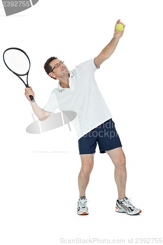 Image of smiling adult tennis player with racket isolated