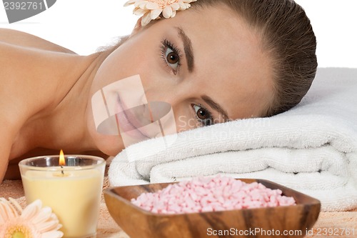Image of attractive helathy caucasian woman hot stone massage wellness 