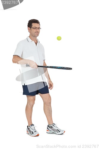 Image of smiling adult tennis player with racket isolated