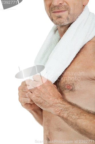 Image of smiling mature sporty man with towel fittness sport health isolated