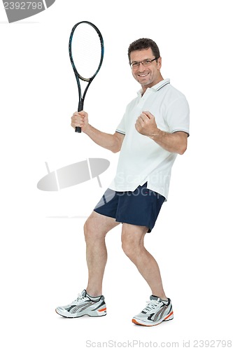 Image of smiling adult tennis player with racket isolated