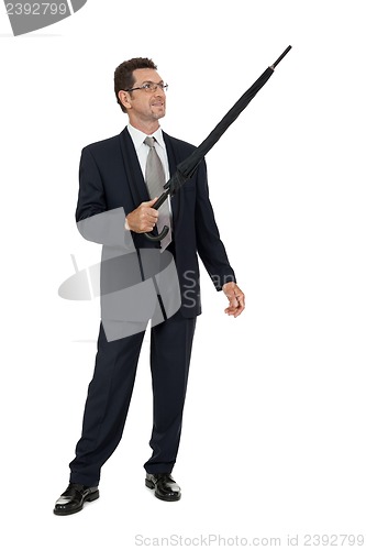 Image of mature attractive business man with umbrella isolated