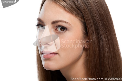 Image of beautiful bruntte woman with straight long hair isolated