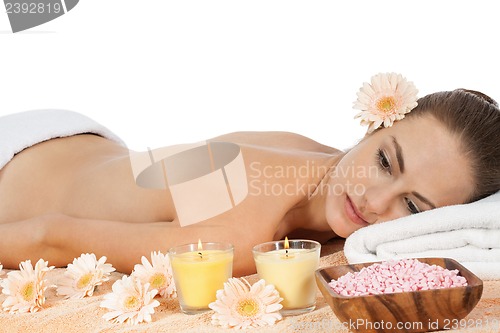 Image of attractive helathy caucasian woman hot stone massage wellness 