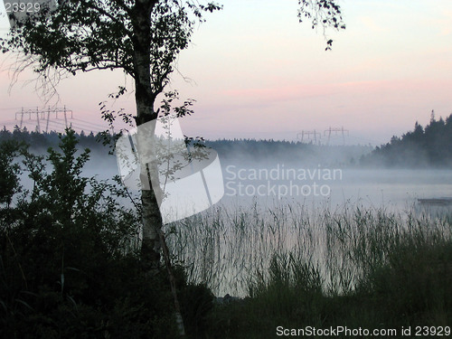 Image of Misty lake at dawn, powerlines in the distance