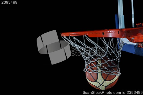 Image of basketball ball and net on black background