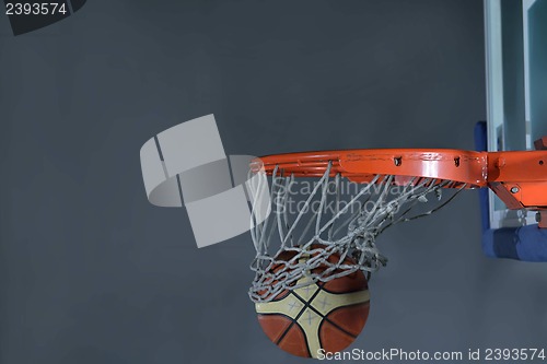Image of basketball ball and net on grey background