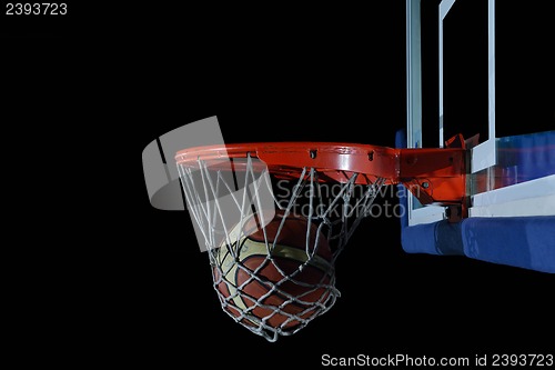 Image of basketball ball and net on black background