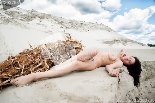 Image of Attractive topless woman laying on sand