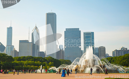 Image of Chicago downtown cityscape with Buckingham Fountain at Grant Par