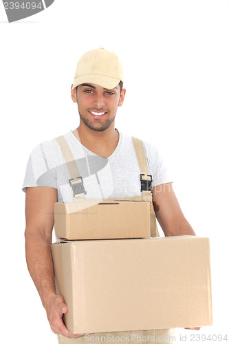 Image of Handsome man delivering packages