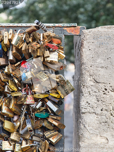 Image of PARIS - JULY 27: Lockers at Pont des Arts symbolize love for eve