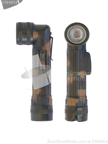 Image of Used green military flash light on white background