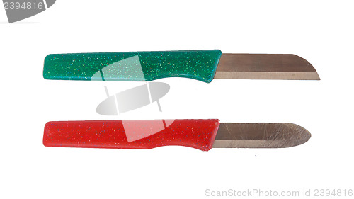 Image of Two kitchen knifes red and green handles, new and used