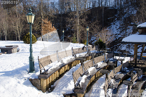 Image of modern design seat tables snow restaurant winter 