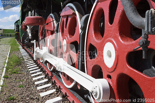 Image of Wheels and coupling devices of a big locomotive