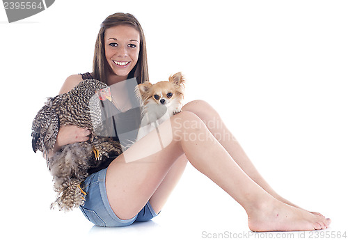 Image of girl, chihuahua and chicken