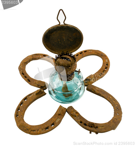 Image of retro kerosene lamp  clover rusty horse shoe white 