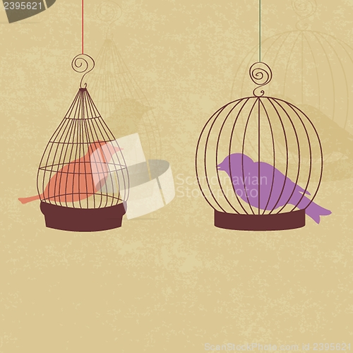 Image of Vintage card with two cute birds in retro cages