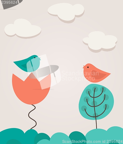 Image of Cute greetings card with birds on a swing