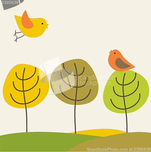 Image of Cute greetings card with birds on a swing