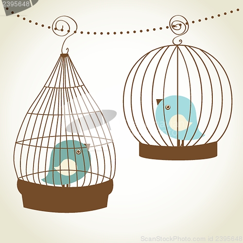 Image of Vintage card with two cute birds in retro cages