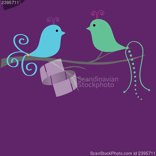 Image of Cute greetings card with birds on a swing