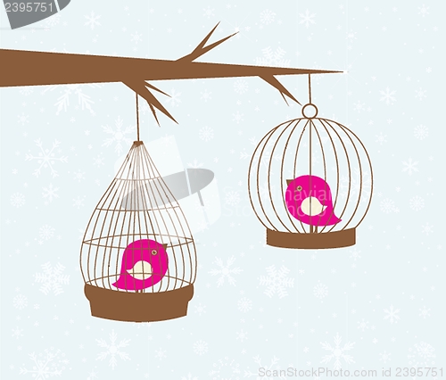 Image of Cute greetings card with birds on a swing