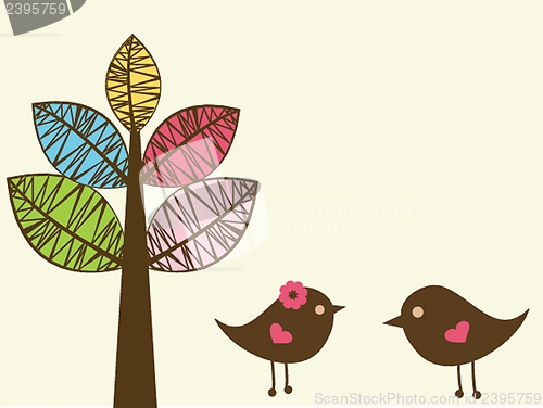 Image of Cute greetings card with birds on a swing