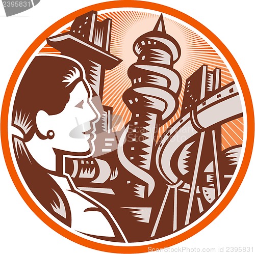 Image of Futuristic City Woman Side Circle Woodcut