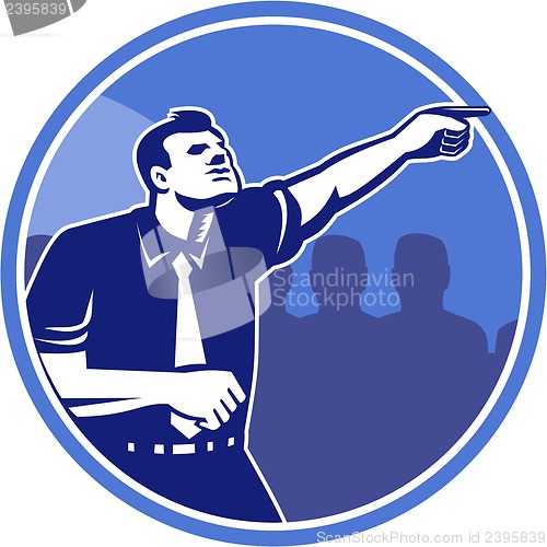 Image of Businessman Pointing Forward Woodcut