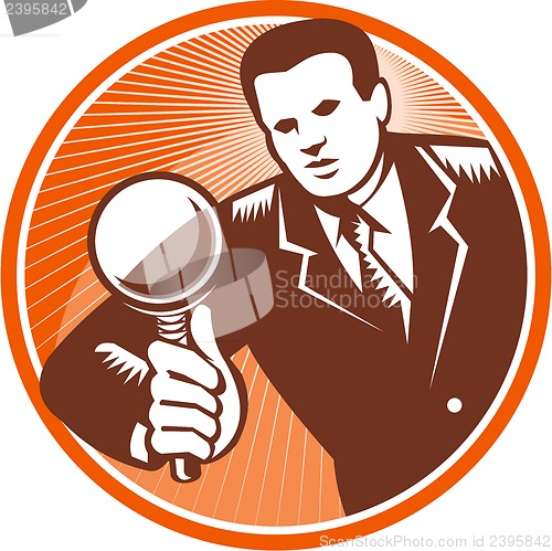 Image of Businessman Holding Looking Magnifying Glass Woodcut