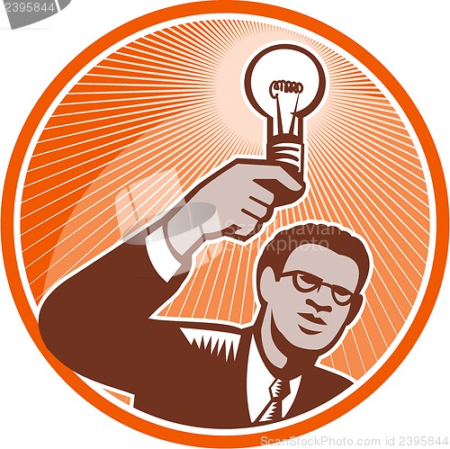 Image of Businessman Holding Lightbulb Woodcut