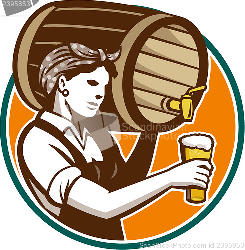 Image of Woman Bartender Pouring Keg Barrel Beer Retro