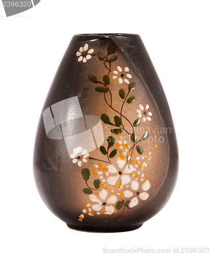 Image of brown handmade clay vase flower paint on white 