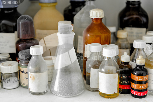 Image of Photo of an old laboratory with a lot of bottles