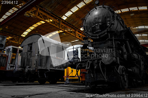 Image of Old industrial locomotive in the garage