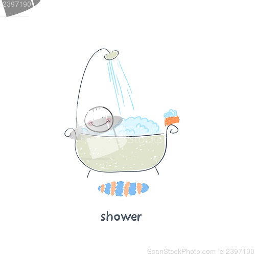 Image of Man takes a shower. Illustration.