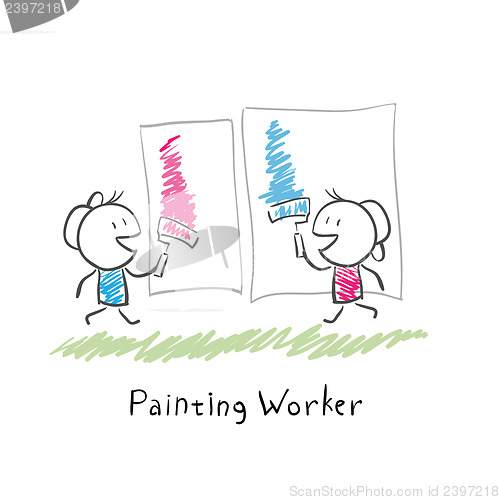 Image of Two people paint rollers. Illustration.