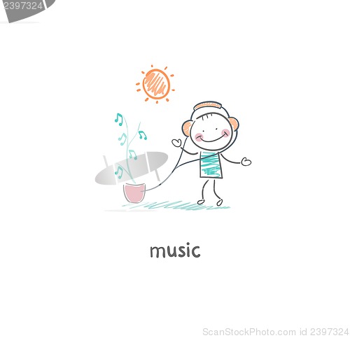 Image of A man listens to music. Illustration.