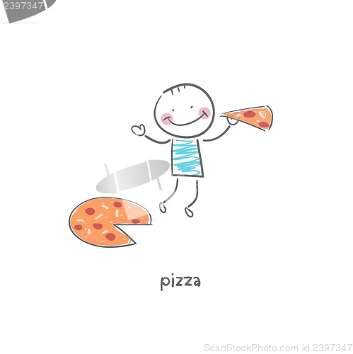 Image of Man eats pizza. Illustration.