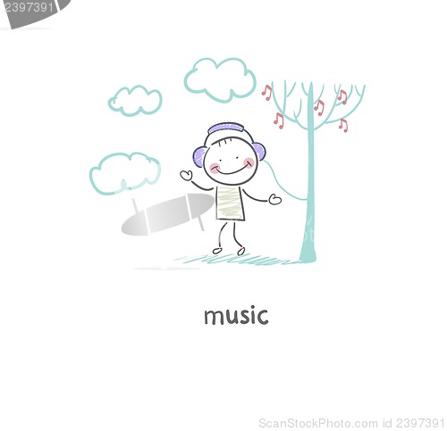 Image of A man listens to music. Illustration.