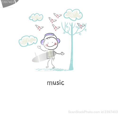 Image of A man listens to music. Illustration.