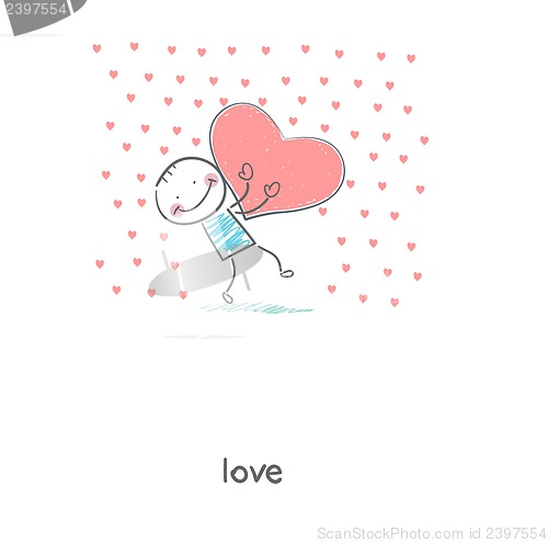 Image of Man holding  hearts. Illustration.