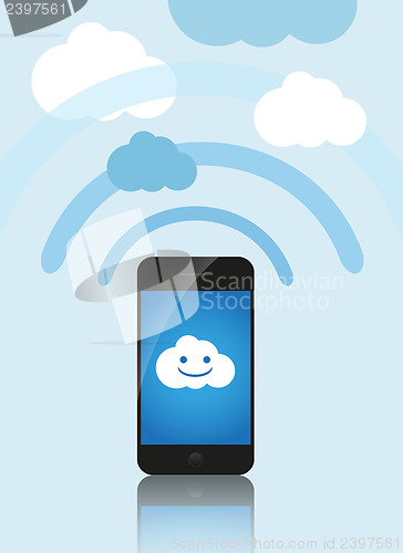 Image of Cloud computing concept. Mobile phone makes contact with a cloud