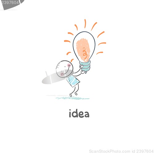 Image of The Big Idea. Illustration. Man holding a giant lightbulb