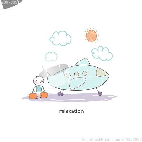 Image of Man flying on holiday by plane. Illustration.