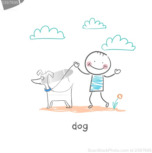 Image of A man walking with a dog. Illustration.