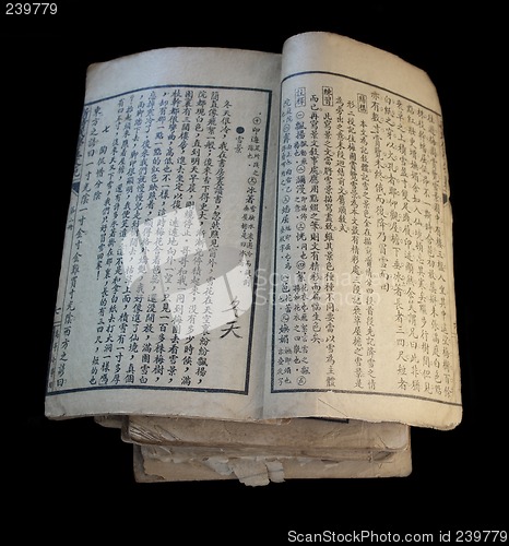 Image of old open Chinese book on top of a stack