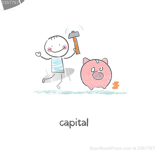 Image of Man breaks piggy bank with a hammer. Illustration.